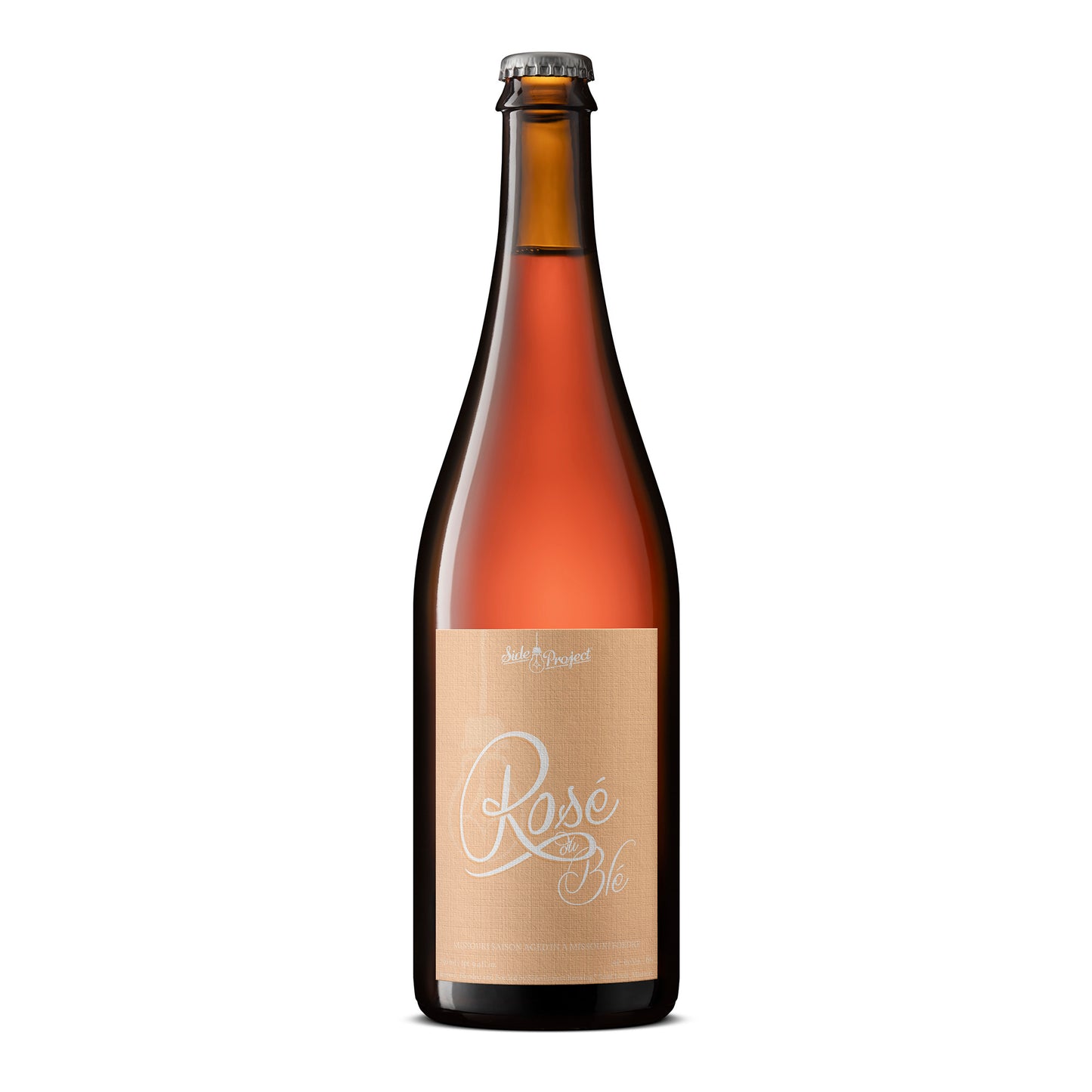 A bottle of Rosé du Blé - beer with a pink label and a clear bottle showing the amber-colored beer.